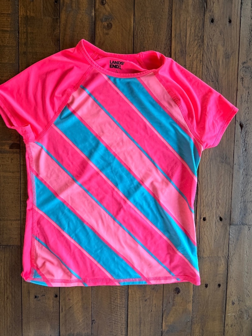 Lands’ End Girls Pink Blue Stripe Swim Top L 10/12 EUC
